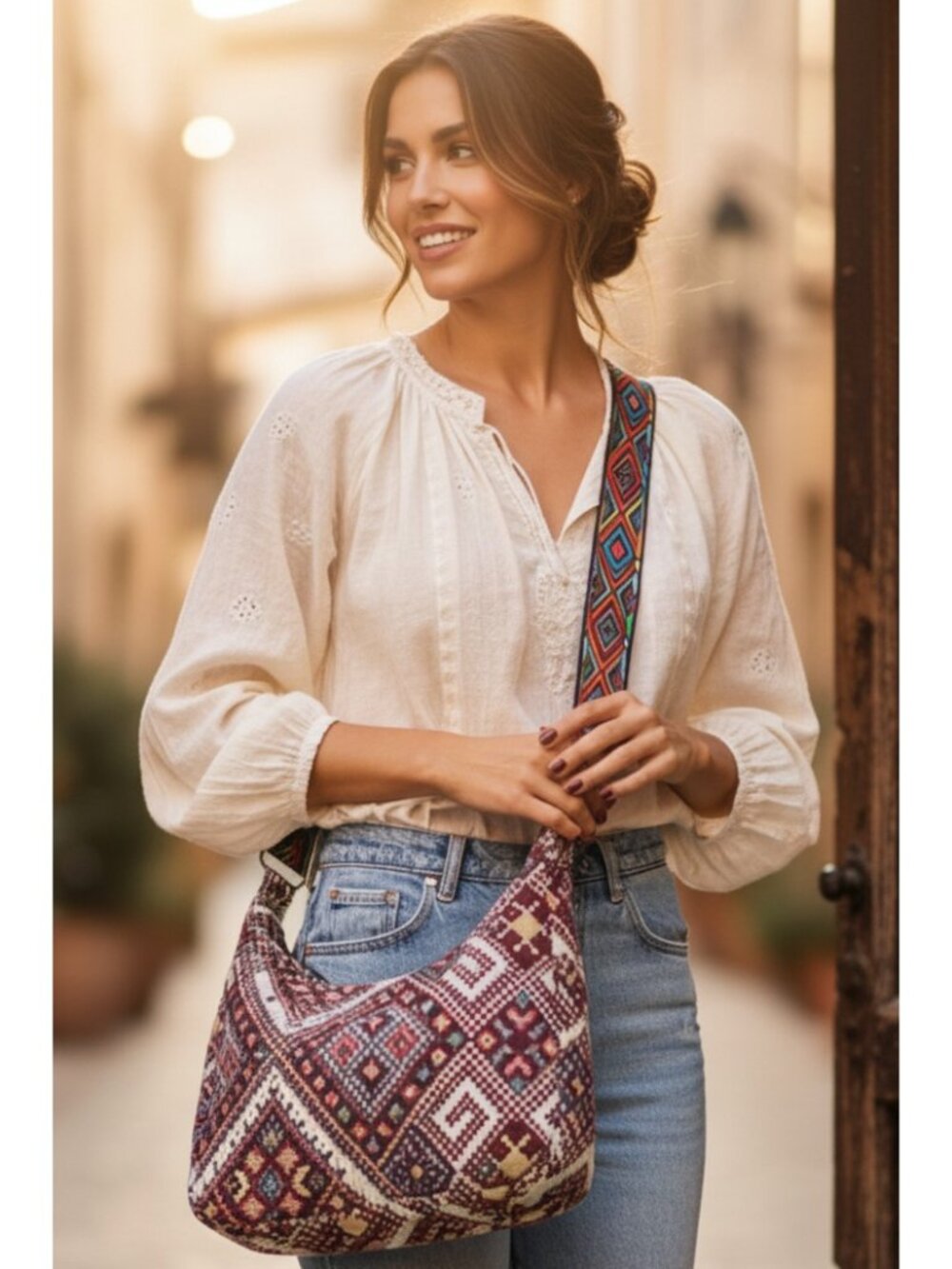 Woven Tapestry Geometric Hobo Convertible Guitar Strap Crossbody Shoulder Bag